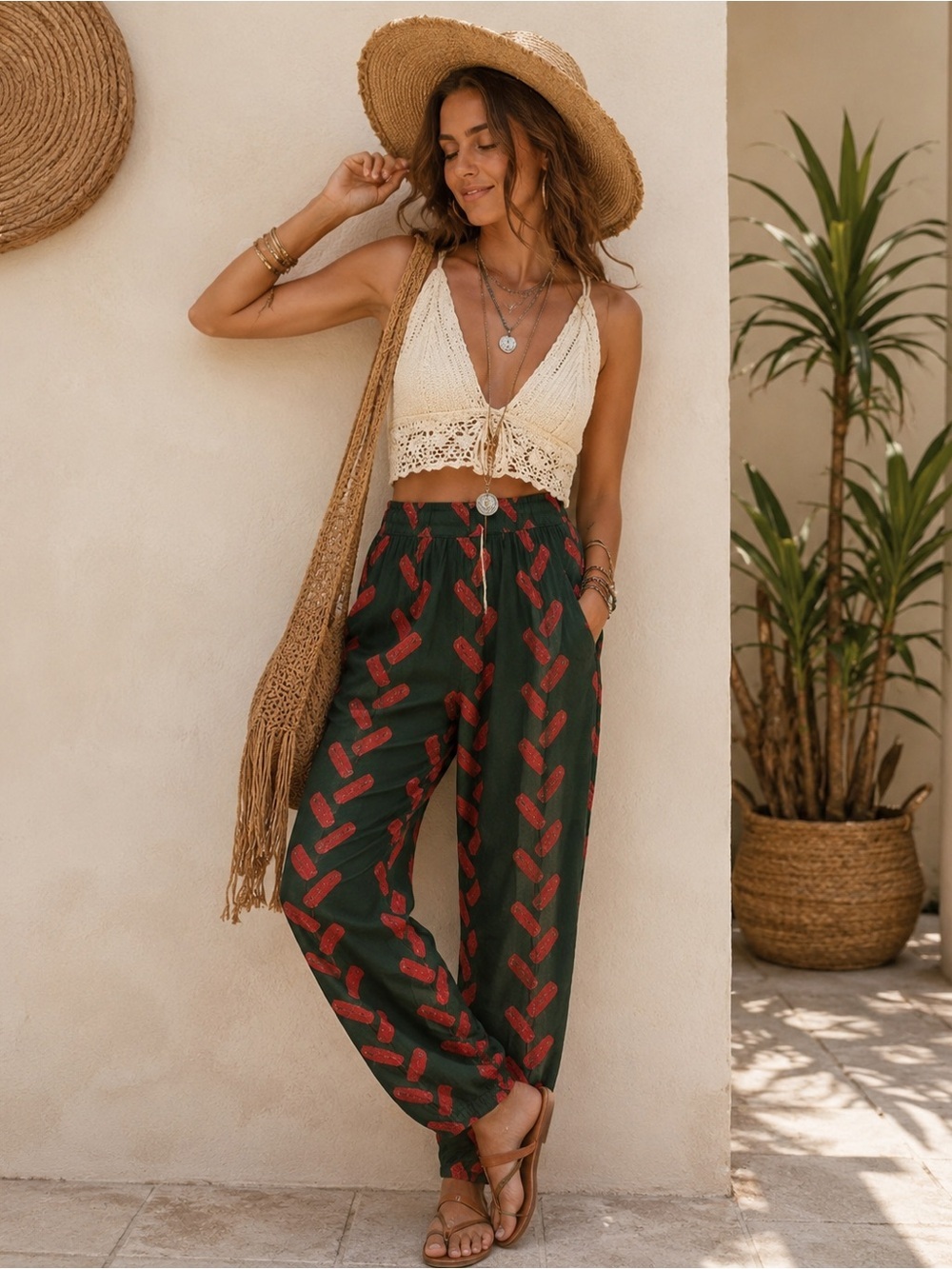 NORBLACK NORWHITE Green & Red Graphic Print Silk Tapered Pants Size S